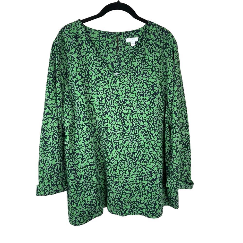 J. Jill V-Neck Peasant Blouse Blue Green Floral Size L Long Sleeve Boho Chic